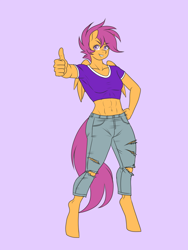 Size: 1200x1600 | Tagged: safe, artist:lurking tyger, imported from derpibooru, scootaloo, anthro, pegasus, unguligrade anthro, abs, clothes, female, hooves, jeans, pants, ripped jeans, ripped pants, shirt, simple background, solo, standing, thumbs up, torn clothes
