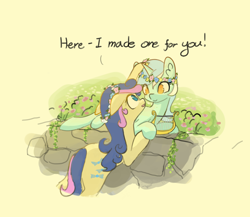 Size: 3000x2600 | Tagged: safe, artist:manicpanda, imported from derpibooru, bon bon, lyra heartstrings, sweetie drops, earth pony, pony, unicorn, dialogue, duo, duo female, female, floral head wreath, flower, flower in hair, high res, holding hooves, horn, lesbian, looking up, lying down, lyrabon, lyre, mare, meadow, musical instrument, no pupils, outdoors, prone, shipping, simple background, stone, tan background, vine, wall