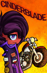 Size: 1280x1979 | Tagged: safe, artist:kranonetwork, imported from derpibooru, oc, oc only, oc:cinderblade, anthro, pegasus, roan rpg, bicycle, biker, biker jacket, chicago, chicago flag, clothes, jacket, motorcycle, patch, poster, solo, sports, sports outfit