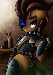 Size: 1280x1786 | Tagged: safe, artist:kranonetwork, imported from derpibooru, oc, oc only, oc:hookhoof, cyborg, earth pony, semi-anthro, fallout equestria, alcohol, armor, balefire blues, beer, hearts of iron 4, male, raider, solo, sparkle cola