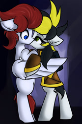 Size: 1280x1920 | Tagged: safe, artist:kranonetwork, imported from derpibooru, oc, oc:royal catalyst, oc:wild ace, kelpie, pegasus, roan rpg, female, imitate preening, kissing, male