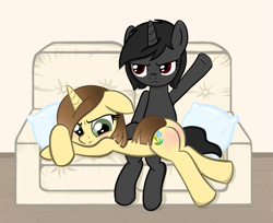 Size: 1255x1024 | Tagged: safe, artist:sundust, imported from derpibooru, oc, oc only, oc:richard98, oc:sundust, pony, unicorn, angry, bed, blushing, butt, crossed arms, crossed hooves, cutie mark, female, grumpy, horn, lying, lying down, lying on bed, male, mare, on bed, over the knee, pillow, plot, punishment, raised hoof, reddened butt, sitting, sofa bed, spanking, stallion, unicorn oc