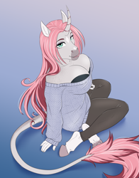 Size: 2207x2818 | Tagged: safe, artist:askbubblelee, imported from derpibooru, oc, oc only, oc:rosie quartz, anthro, unguligrade anthro, unicorn, abstract background, anthro oc, big breasts, breasts, cleavage, clothes, coat markings, crossed legs, curved horn, dappled, digital art, downblouse, eyelashes, eyeshadow, facial markings, female, gradient background, high res, hooves, horn, leggings, legs, leonine tail, lidded eyes, lips, looking at you, looking up, looking up at you, makeup, mare, off shoulder, off shoulder sweater, sitting, snip (coat marking), socks (coat markings), solo, star (coat marking), sweater, sweater puppies, tail, thighs, unicorn oc