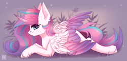 Size: 3728x1820 | Tagged: safe, artist:elektra-gertly, imported from derpibooru, princess flurry heart, alicorn, pony, colored wings, female, looking at you, lying down, multicolored wings, older, older flurry heart, prone, solo, wings