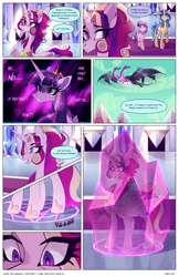 Size: 2301x3549 | Tagged: safe, artist:darlyjay, imported from derpibooru, princess cadance, twilight sparkle, oc, oc:sterling sentry, alicorn, dragon, pony, unicorn, comic:save the harmony, female, high res, magic, mare, multiple heads, offspring, parent:flash sentry, parent:twilight sparkle, parents:flashlight, twilight sparkle (alicorn), two heads