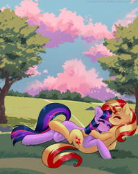 Size: 3102x3900 | Tagged: safe, artist:xjenn9, imported from derpibooru, sunset shimmer, twilight sparkle, pony, unicorn, equestria girls, blushing, cuddling, duo, eyes closed, female, floppy ears, forehead kiss, high res, hug, kissing, lesbian, mare, scenery, shipping, smiling, sunsetsparkle, tree, unicorn twilight, ych example, your character here