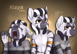 Size: 4093x2894 | Tagged: safe, artist:felixf, imported from derpibooru, oc, oc only, oc:kizya, anthro, zebra, abstract background, anthro oc, male, trio, yawn, zebra oc