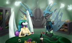 Size: 2560x1524 | Tagged: safe, artist:darkcat613, imported from derpibooru, princess celestia, queen chrysalis, alicorn, anthro, changeling, changeling queen, fall of equestria, alcohol, bookshelf, chryslestia, clothes, crown, dress, duo, duo female, duo focus, female, fruit, implied death, implied human, indoors, jewelry, lesbian, regalia, rise of equestria, scenery, shipping, spread wings, wine, wineglass, wings