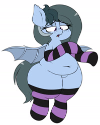 Size: 1536x1932 | Tagged: safe, artist:blitzyflair, imported from derpibooru, oc, oc only, oc:blitzy flair, bat pony, pony, bat pony oc, belly, belly button, big belly, chubby, clothes, dummy thicc, fangs, fat, female, flying, freckles, fupa, looking down, mare, open mouth, plump, race swap, simple background, socks, solo, spread wings, striped socks, thighs, thunder thighs, white background, wide hips, wings