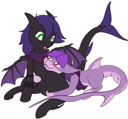 Size: 3503x3270 | Tagged: safe, artist:dirtpecker, imported from derpibooru, oc, oc only, oc:raven stargazer, oc:whip splash, bat pony, original species, shark, shark pony, :p, fangs, high res, simple background, tongue out, transparent background, underhoof