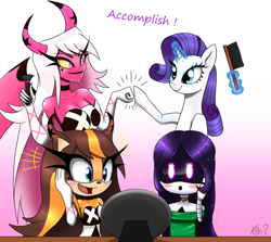 Size: 1856x1657 | Tagged: safe, artist:questionmarkdragon, imported from derpibooru, rarity, anthro, badger, demon, pony, robot, succubus, unicorn, :d, anthro with ponies, bare shoulders, breasts, brush, crossover, drone, eyelashes, female, fist bump, glowing, glowing eyes, glowing horn, gradient background, gun, helluva boss, hoofbump, horn, magic, mare, murder drones, open mouth, open smile, sleeveless, smg4, smiling, sonic boom, sonic the hedgehog (series), sticks the badger, strapless, submachinegun, telekinesis, uzi doorman, verosika mayday, weapon