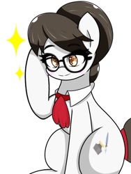 Size: 768x1024 | Tagged: safe, artist:zeon_starlight, imported from derpibooru, writing desk, pony, ascot, female, glasses, hair bun, mare, secretary, simple background, solo, white background