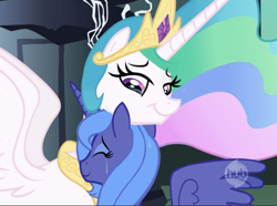 Size: 1297x965 | Tagged: safe, imported from derpibooru, screencap, princess celestia, princess luna, alicorn, pony, friendship is magic, season 1, crying, duo, duo female, female, hub logo, mare, neck hug, royal sisters, s1 luna, siblings, sisters, spread wings, tears of joy, wings