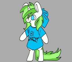 Size: 1060x916 | Tagged: safe, artist:aliceg, imported from derpibooru, oc, oc only, oc:minty root, pony, unicorn, bipedal, bow, clothes, female, gray background, horn, shirt, simple background, solo, t-shirt, unicorn oc