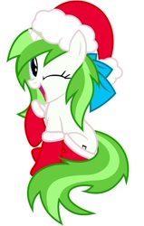 Size: 763x1199 | Tagged: artist needed, safe, imported from derpibooru, oc, oc only, oc:minty root, pony, unicorn, christmas, clothes, female, holiday, horn, looking at you, mare, one eye closed, open mouth, open smile, simple background, sitting, smiling, smiling at you, solo, unicorn oc, white background, wink, winking at you