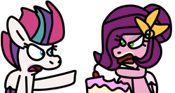 Size: 1224x653 | Tagged: safe, artist:jadeharmony, imported from derpibooru, pipp petals, zipp storm, pegasus, pony, argument, cake, cherry, duo, duo female, eating, female, food, g5, herbivore, mare, messy eating, my little pony: a new generation, open mouth, pointing, siblings, simple background, sisters, sisters being sisters, transparent background