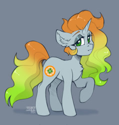 Size: 1620x1694 | Tagged: safe, artist:shinizavr, imported from derpibooru, oc, oc only, pony, unicorn, chest fluff, ear fluff, female, green eyes, lifted leg, looking at you, multicolor hair, raised hoof, signature, simple background, solo