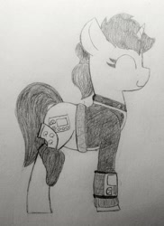 Size: 1506x2070 | Tagged: safe, artist:sodanium, imported from ponybooru, oc, oc only, oc:littlepip, pony, unicorn, fallout equestria, eyes closed, female, mare, monochrome, smiling, solo, traditional art