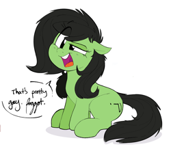 Size: 1360x1188 | Tagged: safe, artist:hattsy, oc, oc only, oc:filly anon, earth pony, pony, dialogue, faggot, female, mare, open mouth, raised eyebrow, simple background, sitting, slur, solo, speech bubble, that's gay, vulgar, white background