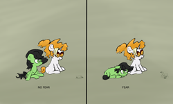 Size: 5000x3000 | Tagged: safe, artist:wren, oc, oc:dyx, oc:filly anon, bird, duck, /mlp/, bored, drawthread, duckling, fear, female, filly, happy, lying down, no fear, scared, simple background, sitting, stare