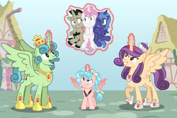 Size: 1280x857 | Tagged: safe, artist:aleximusprime, imported from derpibooru, cozy glow, discord, princess celestia, princess luna, oc, oc:king kriegspiel, oc:queen kriegspiel, alicorn, pony, alicorn amulet, colt, crown, female, filly, floating, jewelry, magic, magic aura, male, mare, ponyville, regalia, stallion