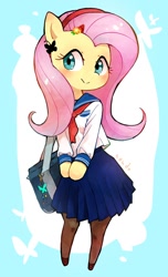 Size: 798x1316 | Tagged: safe, artist:nendo, imported from derpibooru, fluttershy, semi-anthro, bag, blouse, blushing, clothes, cute, female, hair accessory, hairpin, head turned, looking at you, looking sideways, satchel, school uniform, shyabetes, skirt, smiling, socks, solo, standing, stockings, thigh highs