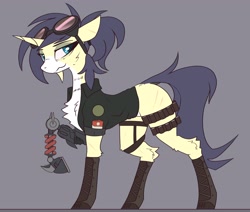 Size: 4096x3480 | Tagged: safe, artist:fenixdust, oc, oc only, pony, unicorn, amputee, chest fluff, clothes, dock, goggles, prosthetic limb, prosthetics, raised hoof, smiling