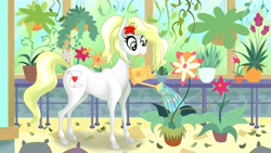 Size: 4096x2304 | Tagged: safe, artist:skunk bunk, imported from ponybooru, oc, oc only, oc:epithumia, earth pony, earth pony oc, female, flower, flower in hair, gardening, greenhouse, mare, smiling, solo, solo female, water