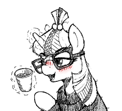 Size: 449x410 | Tagged: source needed, useless source url, safe, artist:whiskeypanda, moondancer, pony, unicorn, aggie.io, alcohol, blushing, clothes, female, glasses, horn, magic, mare, monochrome, open mouth, simple background, solo, sweater, telekinesis, tipsy