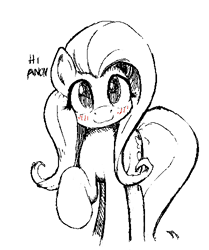 Size: 418x501 | Tagged: source needed, useless source url, safe, artist:whiskeypanda, fluttershy, pegasus, pony, aggie.io, blushing, cute, female, hi anon, looking at you, mare, meme, monochrome, raised hoof, simple background, smiling, solo, talking to viewer