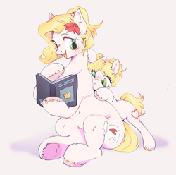 Size: 807x800 | Tagged: safe, artist:kotletova97, imported from ponybooru, oc, oc:epithumia, oc:philia, earth pony, bipedal, bipedal leaning, blonde, blonde mane, book, earth pony oc, female, flower, flower in hair, leaning, mare, reading, reclining, siblings, sisters, snuggling