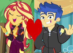 Size: 826x599 | Tagged: safe, edit, edited screencap, imported from derpibooru, screencap, flash sentry, sunset shimmer, best in show: the pre-show, equestria girls, equestria girls series, sunset's backstage pass!, spoiler:eqg series (season 2), female, flashimmer, male, shipping, shipping domino, straight