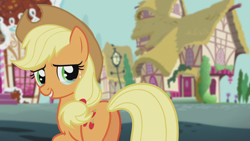 Size: 1280x720 | Tagged: safe, imported from derpibooru, screencap, applejack, earth pony, pony, crusaders of the lost mark, season 5, applebutt, applejack's hat, butt, cowboy hat, crying, crying on the outside, female, hat, plot, ponyville, solo, sugarcube corner, tears of joy