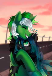 Size: 1733x2532 | Tagged: safe, artist:ijustmari, imported from derpibooru, queen chrysalis, oc, oc:chain whip, changeling, changeling queen, pony, canon x oc, chaisalis, female, hug, male