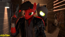 Size: 3840x2160 | Tagged: safe, artist:fireemerald123, imported from derpibooru, oc, oc only, oc:page feather, oc:voice, anthro, 3d, alley, clothes, glowing, glowing eyes, graffiti, gun, handgun, high res, jacket, leather jacket, looking sideways, night, revolver, source filmmaker, void entity, voidpunk, watermark, weapon