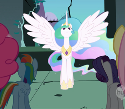 Size: 1111x974 | Tagged: safe, imported from derpibooru, screencap, princess celestia, rainbow dash, rarity, alicorn, pegasus, unicorn, friendship is magic, season 1, butt, faic, female, front view, great moments in animation, hub logo, plot, rainbutt dash, rearity, spread wings, wings