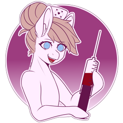 Size: 2160x2160 | Tagged: safe, artist:darmetyt, imported from derpibooru, nurse redheart, anthro, earth pony, pony, blood, ear fluff, eyelashes, female, hair bun, hat, high res, mare, nurse hat, open mouth, open smile, shrunken pupils, simple background, smiling, solo, syringe, transparent background