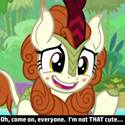 Size: 1024x1024 | Tagged: safe, edit, edited screencap, imported from derpibooru, screencap, autumn blaze, kirin, sounds of silence, awwtumn blaze, blatant lies, blushing, cropped, cute, female, i'm not cute, smiling, solo