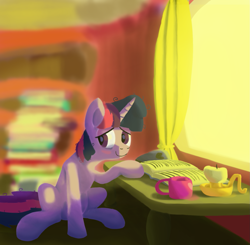 Size: 1585x1556 | Tagged: source needed, safe, artist:librarylonging, imported from derpibooru, twilight sparkle, pony, unicorn, blushing, book, candle, coffee, coffee mug, embarrassed, female, messy mane, mug, solo, tired, tired eyes, unicorn twilight