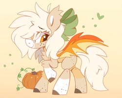 Size: 1200x960 | Tagged: safe, artist:sugaryyflower, imported from derpibooru, oc, oc only, oc:pumpkinharvest, bat pony, pony, abstract background, bat pony oc, bat wings, bow, chest fluff, coat markings, ear fluff, female, food, freckles, gradient background, hair bow, orange, pumpkin spice, raised hoof, smiling, socks (coat markings), solo, standing, wings