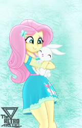 Size: 1350x2109 | Tagged: safe, artist:theretroart88, imported from derpibooru, angel bunny, fluttershy, equestria girls, equestria girls series, angelbetes, butterfly hairpin, carrying, clothes, cute, dress, duo, eyes closed, female, fluttershy boho dress, hug, pet, shyabetes, smiling