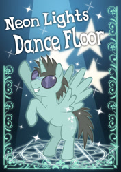 Size: 1061x1500 | Tagged: dead source, safe, artist:michiyoshi, imported from derpibooru, neon lights, rising star, alicorn, pony, alicornified, dancing, grin, male, race swap, rearing, smiling, solo, spread wings, stallion, stars, sunglasses, wings