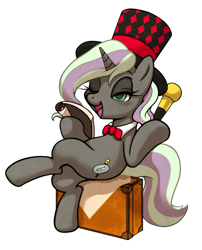 Size: 1465x1814 | Tagged: safe, artist:michiyoshi, imported from derpibooru, oc, oc only, pony, unicorn, cane, case, female, hat, lidded eyes, mare, one eye closed, open mouth, open smile, simple background, sitting, smiling, solo, top hat, white background, wink