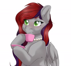 Size: 2048x1912 | Tagged: safe, artist:melpone, imported from derpibooru, oc, oc only, oc:evening prose, pegasus, pony, cup, female, freckles, jewelry, mare, necklace, pearl necklace, raised eyebrow, simple background, solo, teacup, white background