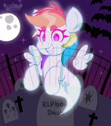 Size: 3512x4000 | Tagged: safe, artist:partylikeanartist, imported from derpibooru, rainbow dash, bat, ghost, ghost pony, pegasus, pony, undead, fangs, female, floating wings, full moon, gravestone, graveyard, halloween, happy, holiday, mare, moon, night, open mouth, open smile, rest in peace, smiling, solo, stars, wings