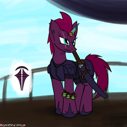 Size: 1200x1200 | Tagged: safe, artist:skydreams, imported from derpibooru, tempest shadow, pony, armor, artificial horn, colored, crystal, female, flat colors, horn, mare, sky pirate, solo, sword, tempest gets her horn back, weapon