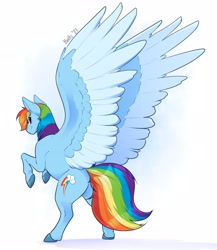 Size: 2674x3075 | Tagged: dead source, safe, artist:baitslament, imported from derpibooru, rainbow dash, pegasus, pony, butt, colored hooves, colored wings, female, high res, large wings, looking at you, looking back, looking back at you, mare, plot, rainbutt dash, rearing, simple background, solo, two toned wings, white background, wings