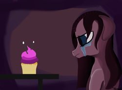 Size: 3800x2795 | Tagged: safe, artist:tazool, imported from derpibooru, pinkie pie, earth pony, pony, candle, crying, cupcake, food, high res, mlp fim's eleventh anniversary, pinkamena diane pie, sad, simple background, solo, table