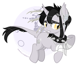 Size: 2847x2472 | Tagged: safe, artist:kellysweet1, imported from derpibooru, oc, oc only, oc:grimm fable, alicorn, pony, alicorn oc, bandage, choker, commission, deaf, ear piercing, earring, eyebrow piercing, eyeshadow, female, full moon, hearing aid, high res, horn, jewelry, leonine tail, makeup, mare, moon, piercing, simple background, solo, spiked choker, tail, transparent background, wings