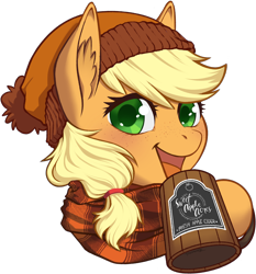 Size: 2168x2331 | Tagged: safe, artist:taytinabelle, imported from derpibooru, applejack, earth pony, pony, alternate hairstyle, autumn, bust, cider, cider mug, clothes, cute, female, happy, hat, high res, hoof hold, jackabetes, looking at you, mare, missing accessory, mug, scarf, simple background, smiling, solo, transparent background